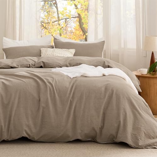 Bedsure PureWoven Cotton Comforter Set Prewashed, Queen, Taupe