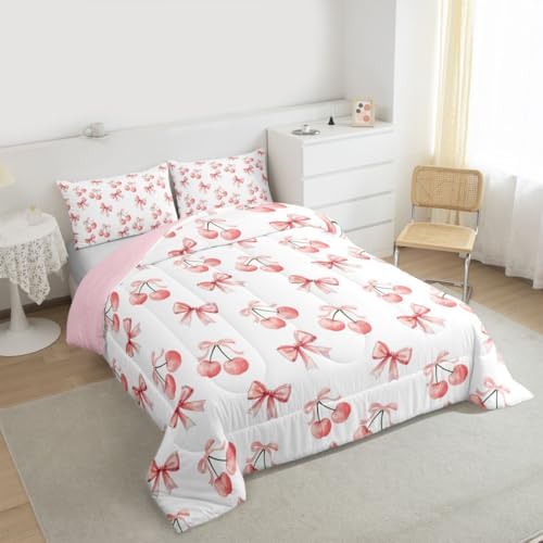 jejeloiu Watercolor Bow Kids Comforter Set King Size Lovely Pink Cherry Bedding Set Dreamy Princess Style Duvet Quilt for Kids Boys Girls Bedroom Decor Microfiber Ultra Soft Breathable