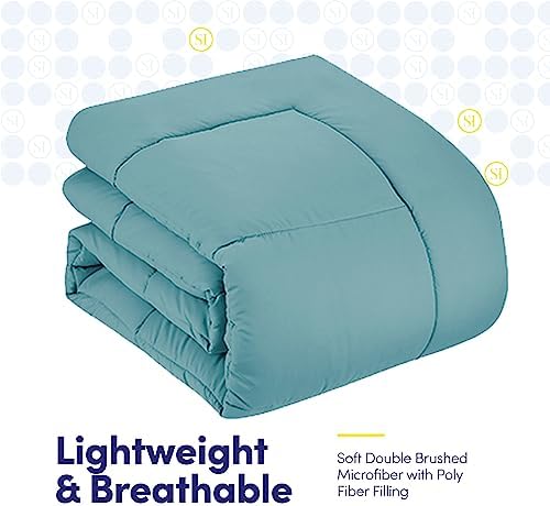 King Size Comforter Set with Sheets - 7-Piece Bedding Collection - 1 Comforter, 1 Fitted Sheet, 1 Flat, 4 Pillowcases - Deep Pocket - Soft & Premium Quality - Ideal for All Seasons, Misty Blue