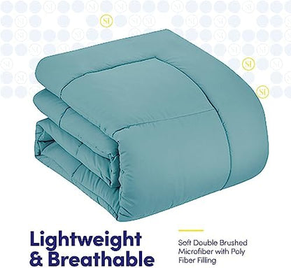 King Size Comforter Set with Sheets - 7-Piece Bedding Collection - 1 Comforter, 1 Fitted Sheet, 1 Flat, 4 Pillowcases - Deep Pocket - Soft & Premium Quality - Ideal for All Seasons, Misty Blue