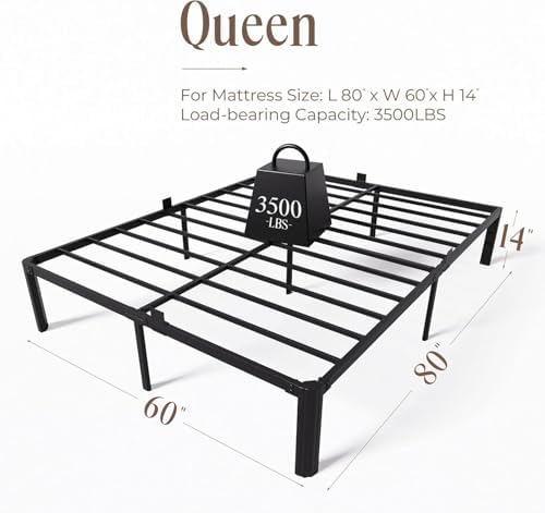 Queen Metal Bed Frame 14 Inch, Heavy Duty Platform, No Box Spring Needed