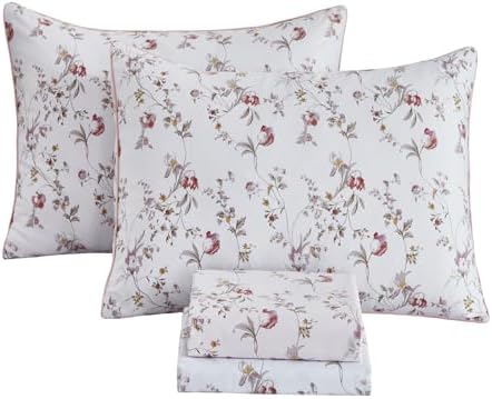 FADFAY Sheets Set Queen Rustic Pink Floral Botanical Bedding Set Luxury 100% Egyptian Cotton Bed Sheet Set Soft Breathable for All Season Bedoom Decor with 17.7 Deep Pocket Fitted Sheet, Queen Size