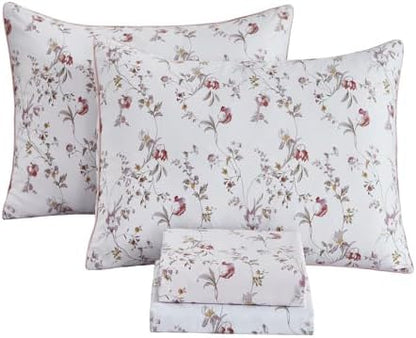 FADFAY Sheets Set Queen Rustic Pink Floral Botanical Bedding Set Luxury 100% Egyptian Cotton Bed Sheet Set Soft Breathable for All Season Bedoom Decor with 17.7 Deep Pocket Fitted Sheet, Queen Size