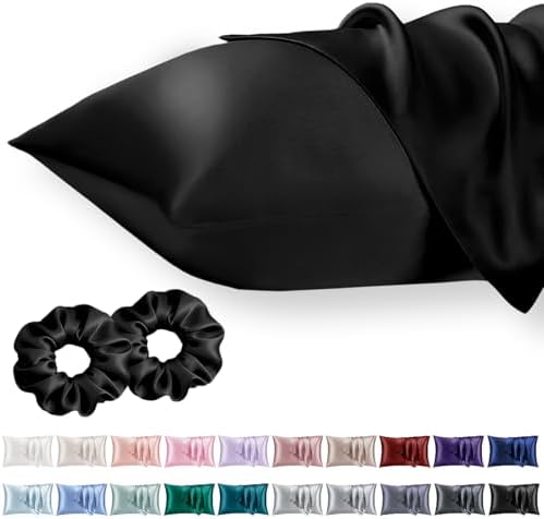 Vielit King Satin Pillowcase for Hair 2pc,Similar to Silk Pillow Cases,Easier Care Than Silk Pillowcase Gifts for Women Men,Black,20x36 & Envelope Closure and 2 Satin Scrunchies