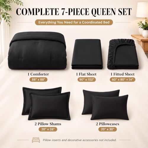 CozyLux Queen Comforter Set Black, 7 Pieces Bed in a Bag