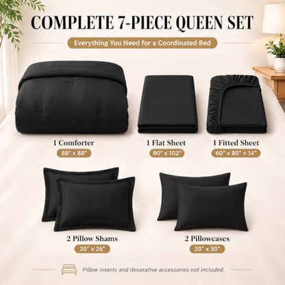 CozyLux Queen Comforter Set Black, 7 Pieces Bed in a Bag
