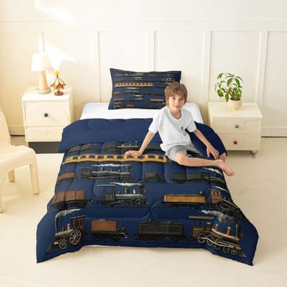 Erosebridal Navy Steam Train Toddler Bedding Set Travel Locomotive Train Comforter Set for Kids Boys Girls Vintage Transport Vehicle Down Comforter Steampunk Railway Quilt Duvet
