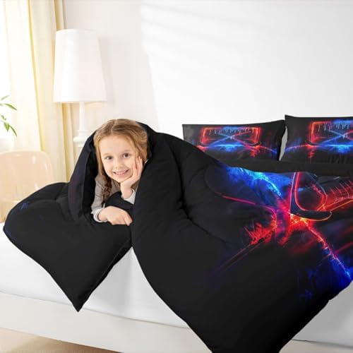 jejeloiu Ice Hockey Bedding Set Soft for Boys Girls, Ice Sports Games Comforter Set Full Size Hockey Player Duvet Quilt Microfiber Winter Sports Bedroom Decor 3 Pcs with 2 Pillow Cases