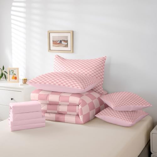 jejeloiu Pink Plaid Bedding Set 7Pcs Queen Size Kids Checkered Comforter Set with Sheets for Boys Girls Classic Grid Buffalo Check Bed in a Bag Soft Lightweight,Microfiber
