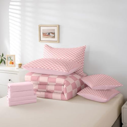 jejeloiu Pink Plaid Bedding Set 7Pcs Queen Size Kids Checkered Comforter Set with Sheets for Boys Girls Classic Grid Buffalo Check Bed in a Bag Soft Lightweight,Microfiber