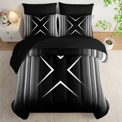 Nttopship Black and White Geometric Comforter Set Queen Size 7Pieces,3D Abstract Mordern Printed Bedding Set for Adults,Geometric Mordern Decor All Seasons with Pillowcases,Flat, Fitted Sheet