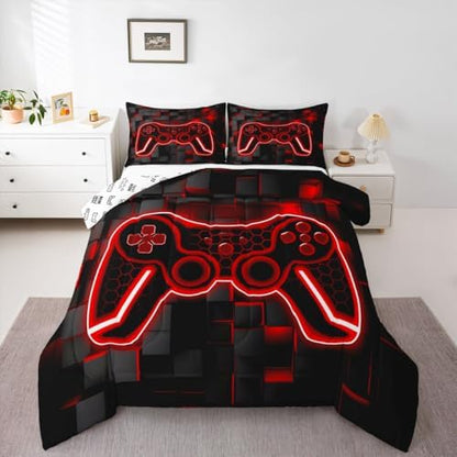 Feelyou Kids Gamer Comforter Set Queen Size Red Black Bedding Set Boys