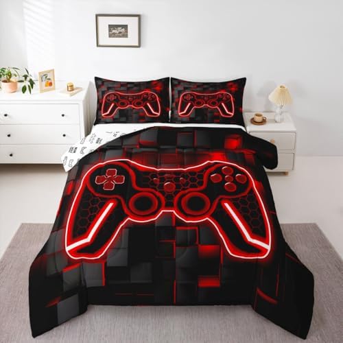 Feelyou Kids Gamer Comforter Set Twin Size Red Black Bedding Set Boys Teens