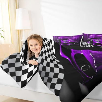 Erosebridal Purple Race Car Comforter Set for Kids Boys,Glitter Ombre Line Art Bedding Set Neon Light Sports Car Dashboard Quilt Full,Black and White Grid Lattice Buffalo Plaid Decor