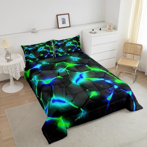 Feelyou Kids Honeycomb Bedding Set Twin Size, Blue Green Hexagonal Duvet Insert Geometrical Comforter Set Boys Girls Teens Bedroom Decor Microfiber Bed Set