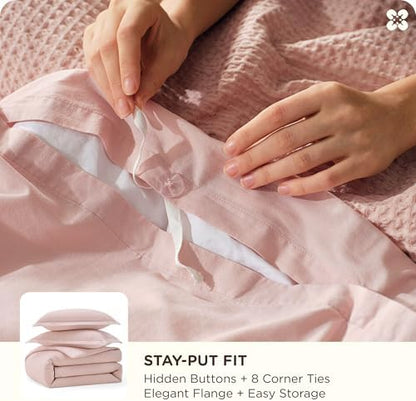 Bedsure PureWoven 3 Pieces 100% Cotton Waffle Duvet Cover Set, Queen, Pink