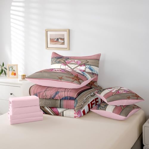 Erosebridal Lake Life Bedding Set for Kids Teens,Summer Boat Paddle Comforter Set Twin Size,Crab Starfish (Comforter+Fitted+Flat Sheet+2 Pillowcases+2 Throw Pillow Covers) 7 Pieces Bed Set