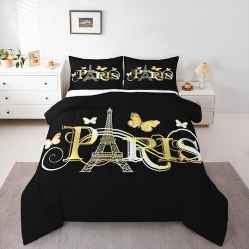 Eiffel Tower Comforter Chic Paris Theme Bedding Set for Kids Boys Girls Butterfly Paris Cityscape Printed Comforter Set Modern French Style Duvet Set Golden Black Bedroom Decor Quilt Set Queen Size