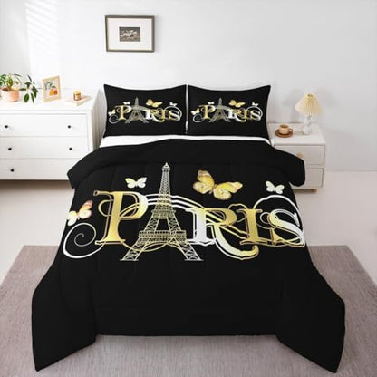 Eiffel Tower Comforter Chic Paris Theme Bedding Set for Kids Boys Girls Butterfly Paris Cityscape Printed Comforter Set Modern French Style Duvet Set Golden Black Bedroom Decor Quilt Set Queen Size