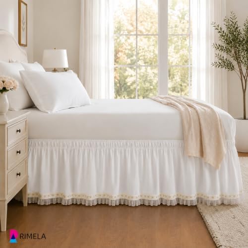 Lace Trim Bed Skirt Queen 15" Drop, Elastic Wrap Around Bedskirt