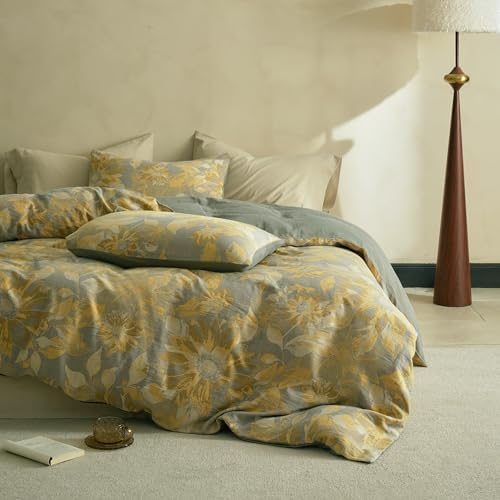 Simple&Opulence Muslin Duvet Cover Set King Size, 100% Washed Cotton 3 Pieces Yarn-Dyed Vintage Yellow Floral Jacquard Textured Bedding, Soft & Breathable Gauze Comforter Cover with Zipper Closure