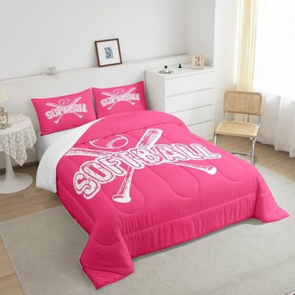Homewish Softball Full Size Comforter Set,Sports Gaming Bedding Set for Adults Teens,Children Sport Softball Comforter Luxury Pink White Quilt Set Room Decor 3Pcs