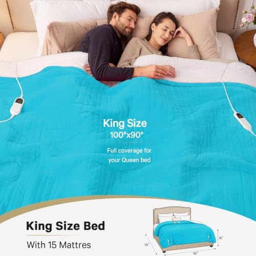 Heated Electric Blanket King Size, Dual Control, 90" x 100", Teal