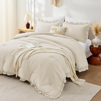 FUANNA Full Size Comforter Sets, Cream White Bedding Set, 3 Pieces Bed Set