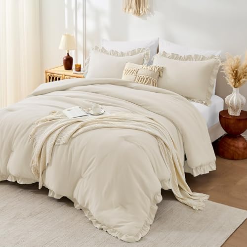 FUANNA Queen Comforter Set, 3 PCS Bedding Sets, Ruffle Bed Set, Cream White