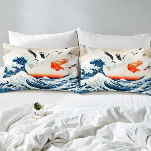 Feelyou Japanese Wave Bedding Set King Size Kids Crane Cherry Blossoms Comforter Cover Set for Boys Girls Teens Red Sun Hokusai Pattern Home Decor Duvet Cover Japanese Style Bedspread Cover