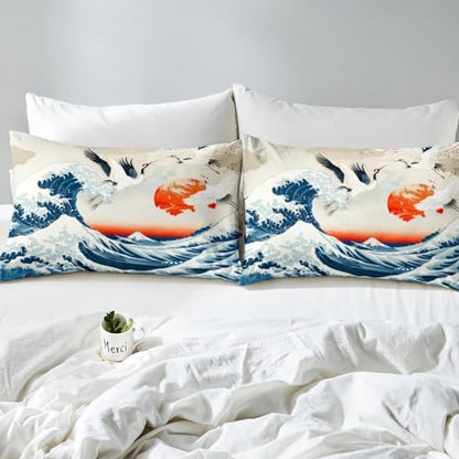 Feelyou Japanese Wave Bedding Set King Size Kids Crane Cherry Blossoms Comforter Cover Set for Boys Girls Teens Red Sun Hokusai Pattern Home Decor Duvet Cover Japanese Style Bedspread Cover