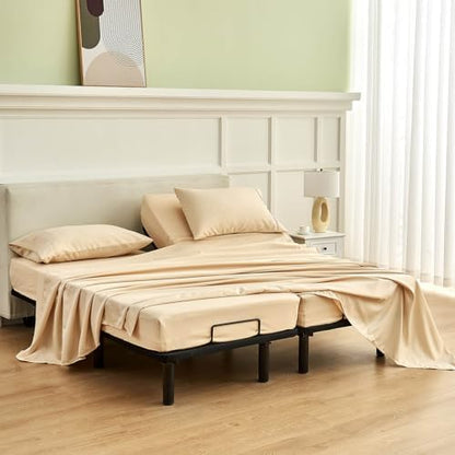 Kingnex Split California King Sheets Set for Adjustable Bed 5 Pieces Include 2 Cal Twin XL Fitted Sheets 1 Flat Sheet 2 King Size Pillowcase Beige