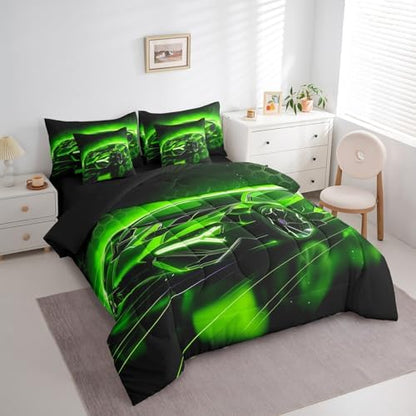 Feelyou Kids Boys Race Car 7 Piece Bedding Set Queen Size Green Sports Car Comforter Set with Sheets for Kids Teens Boys Girls Extreme Sports Theme Bed in a Bag Speed Luxury Car Bed Set