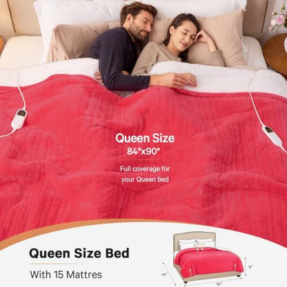 Heated Electric Blanket Queen Size, Dual Control, 84" x 90", Peach