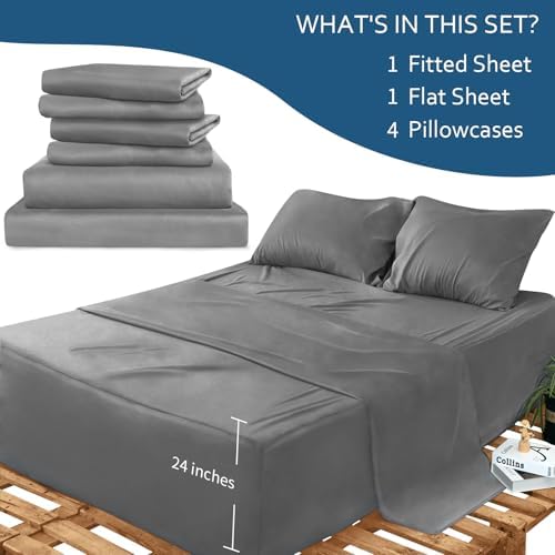 Moonsea Deep Pocket King Sheet Set - 6 Piece Bed Sheets King Size - Grey