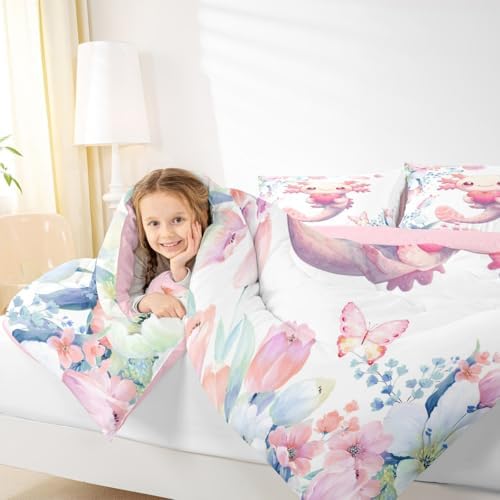 Feelyou Cute Axolotl Comforter Set Toddler Kids Cartoon Salamander Bedding Set for Boys Girls Teens Flower Floral Print Duvet Quilt Kawaii Reptile Animal Ocean Sealife Room Decor