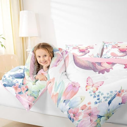 Feelyou Cute Axolotl Comforter Set King Size Kids Cartoon Salamander Bedding Set for Boys Girls Flower Floral Print Duvet Quilt Kawaii Reptile Animal Ocean Sealife Room Decor
