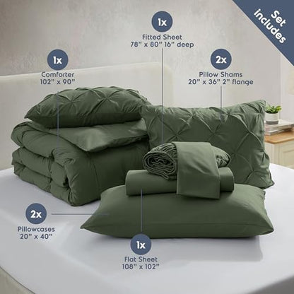 Nestl 9 Piece King Comforter Set – Olive Green Pinch Pleated Bed in a Bag – Complete King Size Bedding Set with Sheets, Set of 2 Cooling Pillows, Pillowcases and Shams