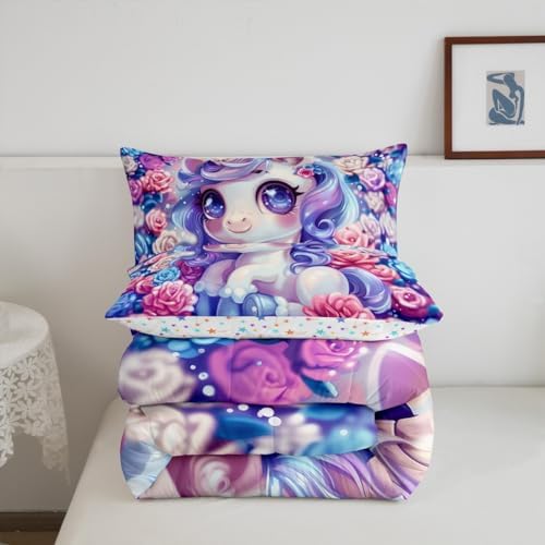 Unicorn Comforter Twin Size Colorful Rose Flower Floral Theme Bedding Set with 1 Pillowcase for Kids Child Girls,Princess Bedroom Cartoon Unicorn Quilt Double-sided Printing Duvet,Colorful Pink