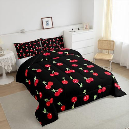 Red Cherry Comforter Set for Kids, Fruit Kawaii Bedding Set Queen, Cartoon Cute Cherry Duvet Sets for Boys Girls Women Bedroom Decor, Reversible Luxury Soft Down Comforter with 2 Pillow Cases, Black