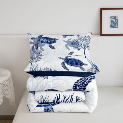 Turtle Comforter Set Full,White Blue Hawaiian Turtle Bedding for Kids,Reptile Tortoise Quilt Duvet Set Coastal Beach Theme Comforter Retro Sea Turtle Bed Set for Boys Girls Bedroom Decor(Marine life)
