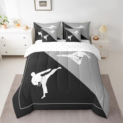 Castle Fairy 7 Pieces Taekwondo Comforter Set for Kids Black Gray Bedding Set Queen Size,Japanese Style Comforter for Boys Girls Adult Kungfu Super Soft Fade Resistant Microfiber Bedding
