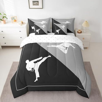 Castle Fairy 7 Pieces Taekwondo Comforter Set for Kids Black Gray Bedding Set Queen Size,Japanese Style Comforter for Boys Girls Adult Kungfu Super Soft Fade Resistant Microfiber Bedding