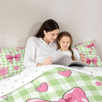 jejeloiu Checkerboard Bowknot Bedding Set Soft for Boys Girls, Pink Bow Comforter Set King Size Plaid Duvet Quilt Microfiber Green Bedroom Decor 3 Pcs with 2 Pillow Cases