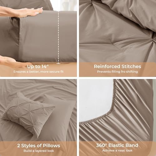 Sasttie Twin XL Comforter Set, 5-Piece Bed in a Bag, Pintuck Bedding Sets for All Season, Includes Comforter, Flat Sheet, Fitted Sheet, Pillowcase and Pillowsham, Dark Linen