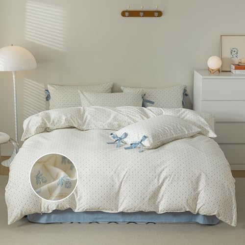 mixinni Blue Floral Duvet Cover Set King - 3 Piece Cottagecore Bedding Set with Bow Ties & Zipper Closure, 100% Cotton Soft Aesthetic Comforter Cover for Girls, Lightweight Breathable Country Style