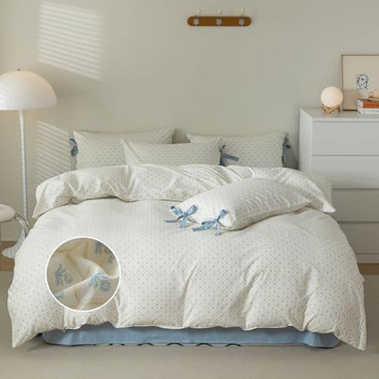 mixinni Blue Floral Duvet Cover Set Queen - 3 Piece Cottagecore Bedding Set with Bow Ties & Zipper Closure, 100% Cotton Soft Aesthetic Comforter Cover for Girls, Lightweight Breathable Country Style