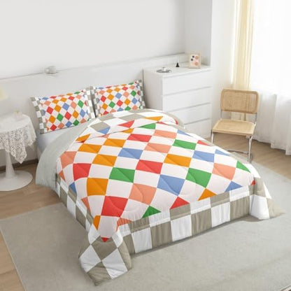 Feelyou Checkered Geometric Kids Comforter Set Queen Size Colorful Beige Brown Plaid Bedding Set Checkerboard Modern Aesthetic Duvet Quilt for Kids Boys Girls Bedroom Reversible Grey Decor