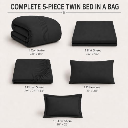 Twin Comforter Set with Sheets Black, 5 Pieces Bed in a Bag