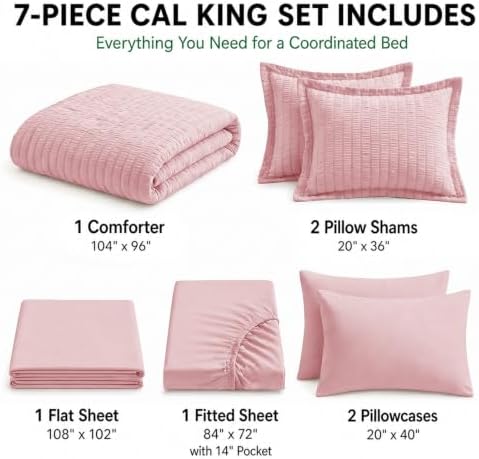HIMEET California King Comforter Set, 7-Piece Seersucker Bed in a Bag Pink